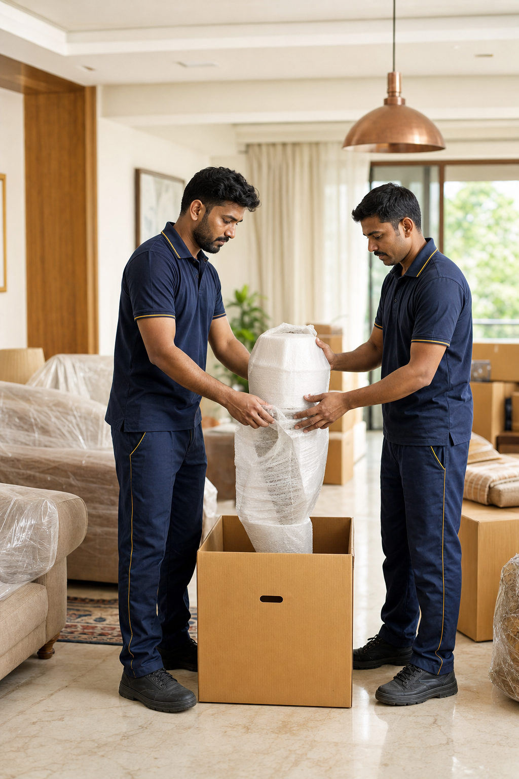 Professional Indian moving team carefully packing household belongings